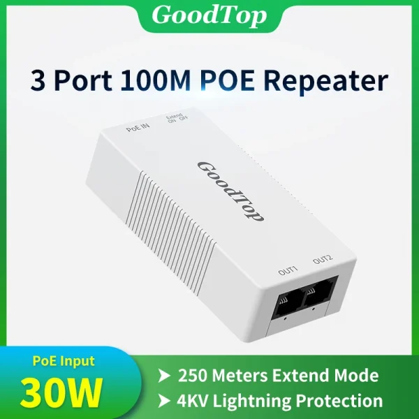 GoodTop 2 Port 100M POE Extender 1 to 2 PoE Repeater IEEE802.3af/at 4KV Lighting Protection Plug&Play 48V 30W for POE Camera