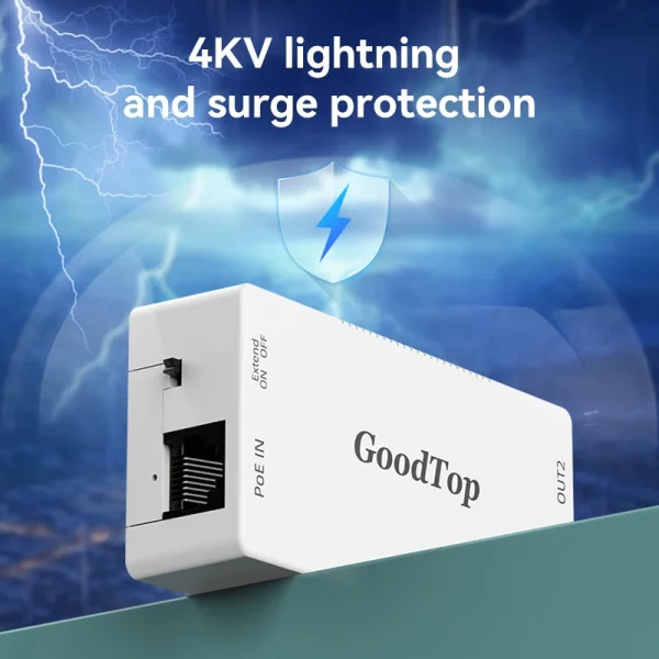 GoodTop 2 Port 100M POE Extender 1 to 2 PoE Repeater IEEE802.3af/at 4KV Lighting Protection Plug&Play 48V 30W for POE Camera