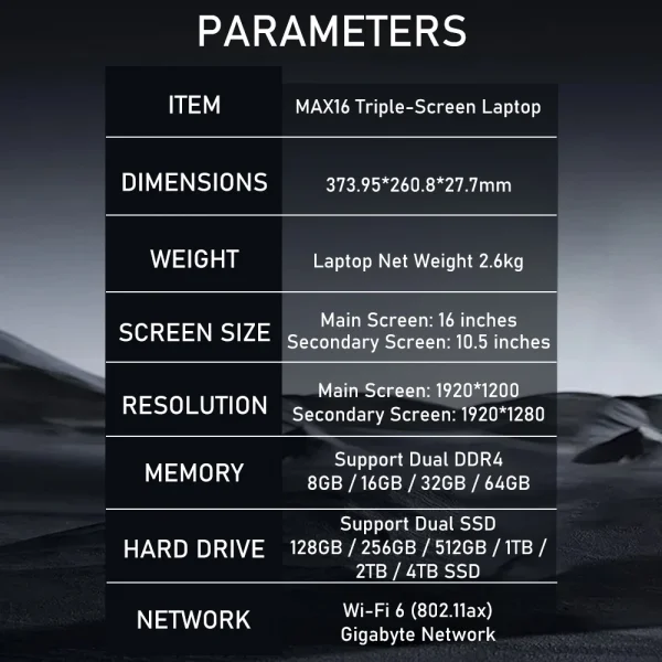 16 Inch Triple-Screen Laptop I7-1260P 12th Gen Wifi 6 Max 64GB RAM 4TB SSD Portable Monitor 3 Screen Laptop Student PC