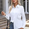 قمصان نسائية ربيعية خريفية بلون صلب بأكمام طويلة وياقة قابلة للطي قميص أساسي للنساء بلوزات شارع أنيقة