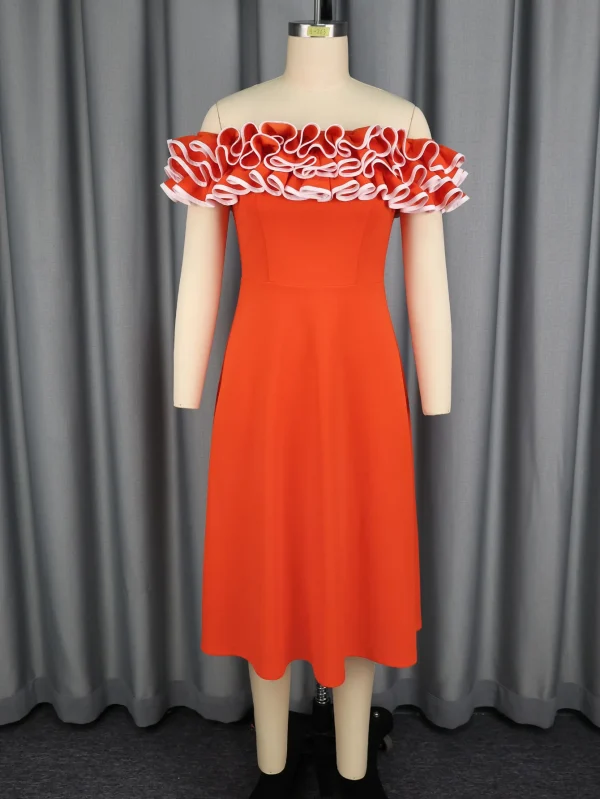 فستان عصري مكشكش مكشوف الأكتاف مع خصر مشدود، مقاس نحيف، فستان سهرة أنيق