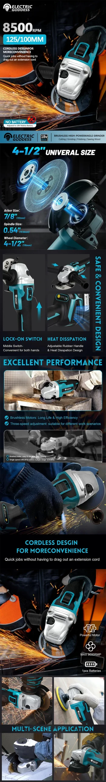 125/100 مللي متر فرش زاوية طاحونة تلميع آلة القطع اللاسلكي زاوية طاحونة أداة لماكيتا 18 فولت بطارية دبوس
