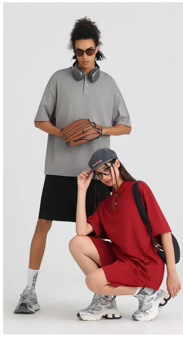 275 جرامًا من القطن الخالص بلون فضفاض قصير الأكمام قميص بولو قم بتخصيص تصميم نص الصورة الخاص بك للنساء والرجال