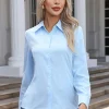 قمصان نسائية ربيعية خريفية بلون صلب بأكمام طويلة وياقة قابلة للطي قميص أساسي للنساء بلوزات شارع أنيقة