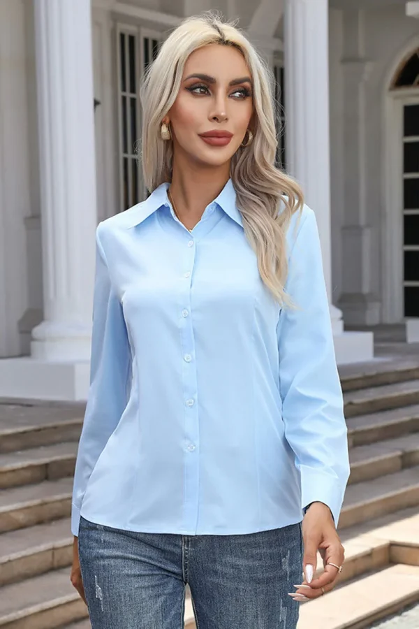 قمصان نسائية ربيعية خريفية بلون صلب بأكمام طويلة وياقة قابلة للطي قميص أساسي للنساء بلوزات شارع أنيقة