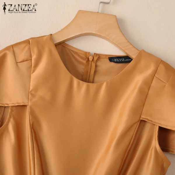 فستان حفلة أنيق من زانزيا 2025 للنساء لصيف العمل، فساتين OL مكتبية، فستان ساتان مكتبي، فستان صيفي قصير الأكمام متوسط الطول، فستان صلب