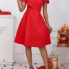 فستان نسائي للربيع والصيف أحمر على شكل حرف V وأكمام قصيرة وخصر مكشكش وواسع للحفلات المسائية