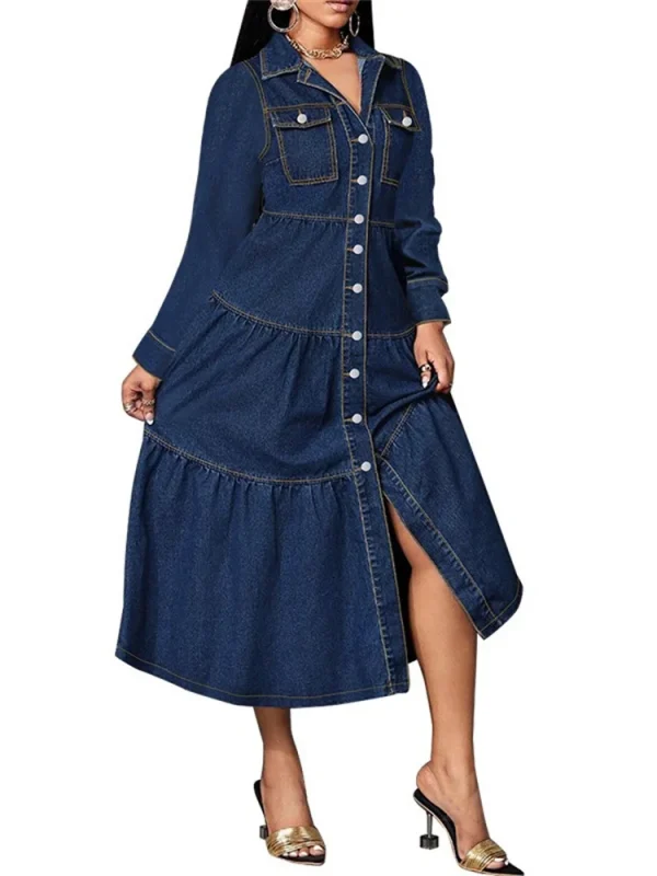 Wmstar فستان الدنيم المرأة عادية زر سترة طويلة الأكمام فساتين موضة ملابس الشارع الشهير ملابس الربيع الجديدة بالجملة دروبشيبينغ