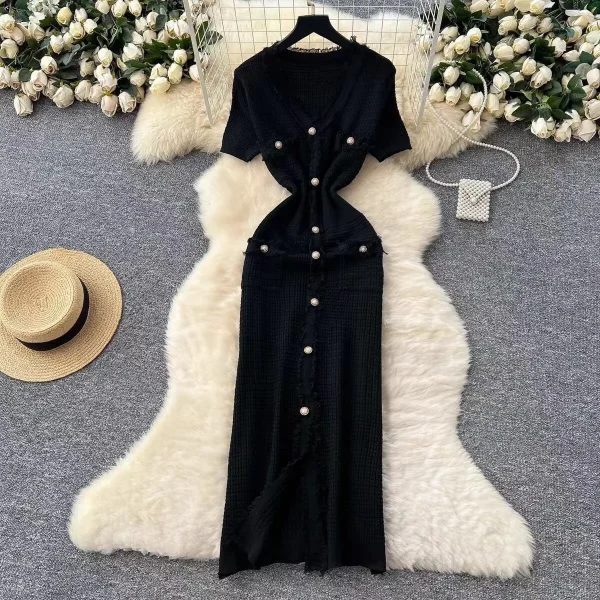 فستان نسائي أنيق مخطط برقبة على شكل حرف V صيفي بأكمام قصيرة ومتماسك بشرابة فساتين ضيقة للنساء