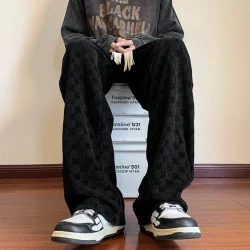 الخريف سراويل تقليدية الرجال موضة مستقيم منقوشة السراويل الرجال الشارع الشهير الهيب هوب فضفاض بنطال ذو قصة أرجل واسعة رجالي Vintage بنطلون M-3XL