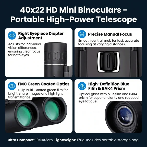 منظار 40x22 عالي الدقة مع BAK4 FMC: تلسكوب صغير طويل المدى قابل للطي بطول 2000 متر، مثالي للصيد والرياضة والتخييم والسفر