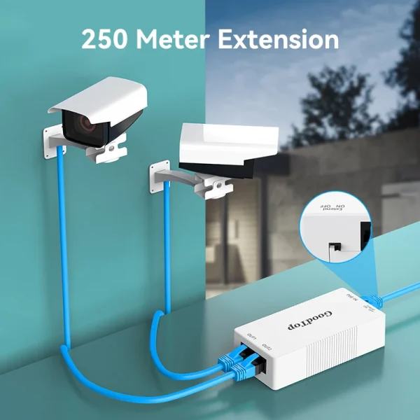 GoodTop 2 Port 100M POE Extender 1 to 2 PoE Repeater IEEE802.3af/at 4KV Lighting Protection Plug&Play 48V 30W for POE Camera