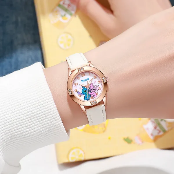 Cartoon Pattern Stitch Girls Watches for Kids Leather Strap Children Watch with Rhinestone Dial reloj stich Exquisite Gift