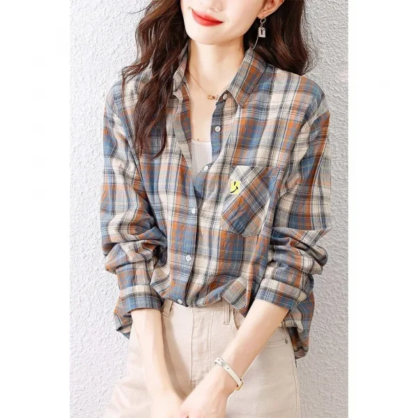 قميص مربعات للنساء في فصلي الربيع والخريف، قميص قطن خالص عصري ورجعي يتم ارتداؤه مع أجنبي