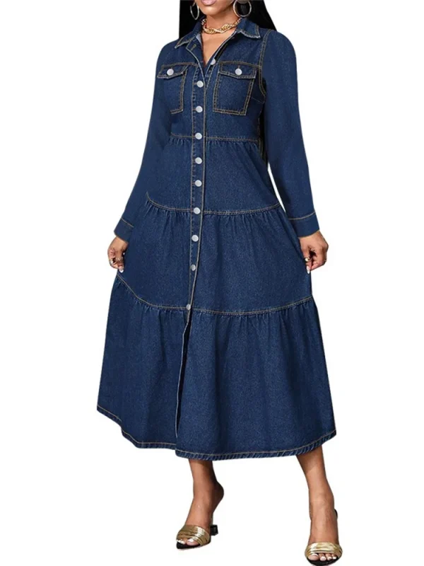 Wmstar فستان الدنيم المرأة عادية زر سترة طويلة الأكمام فساتين موضة ملابس الشارع الشهير ملابس الربيع الجديدة بالجملة دروبشيبينغ