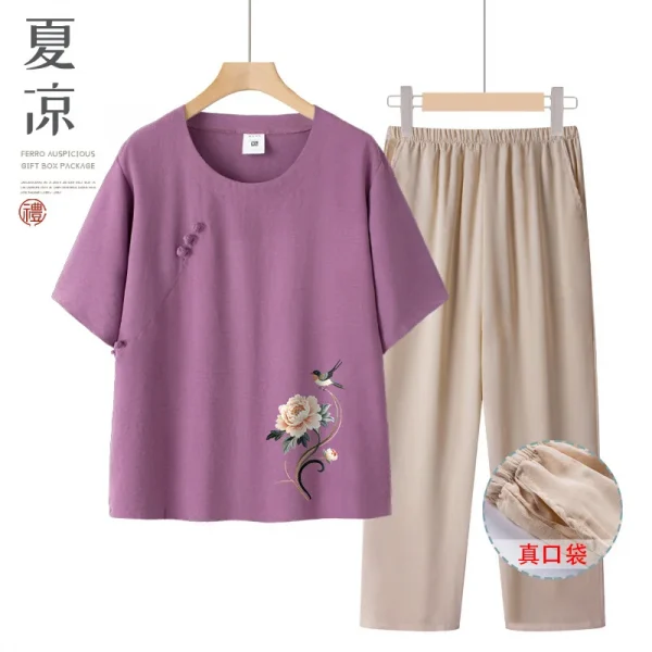 عادية الأزهار طباعة قصيرة الأكمام رقيقة أمي مجموعة الصيف فضفاض تي شيرت الجدة الملابس قطعتين دعوى البوليستر دنة مزيج