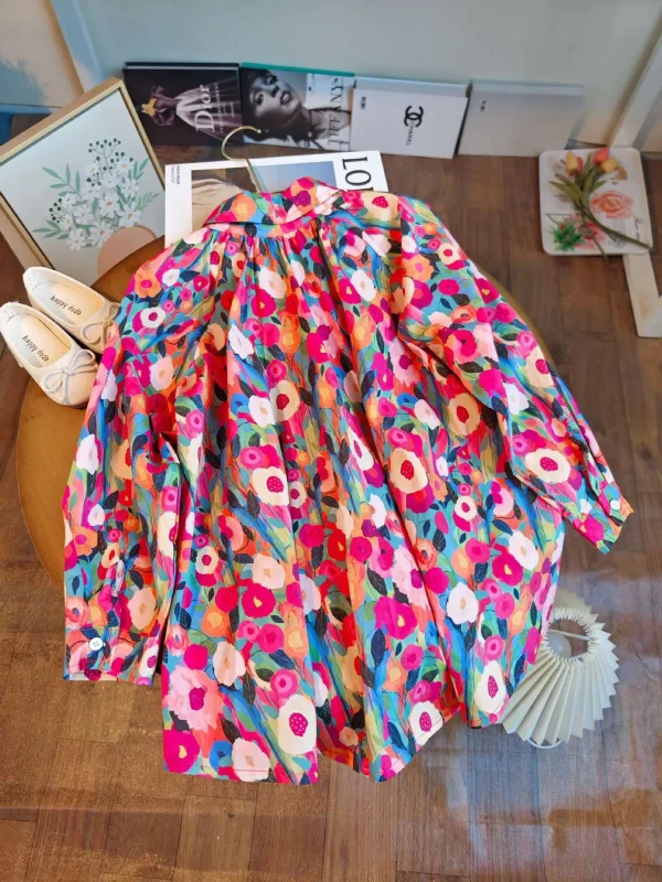 فستان للفتيات للربيع والصيف من عمر 2-8 سنوات بطباعة كاملة على شكل زهرة ورسم زيتي على شكل طية صدر السترة فستان الأميرة بصدر واحد للفتيات