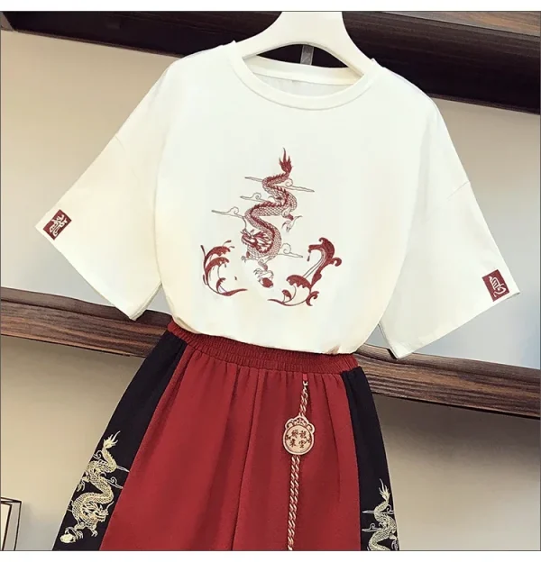 2025 جديد اليابانية Harajuku المحملة القمم النمط الصيني تانغ دعوى المرأة تي شيرت غير رسمي واسعة الساق الكونغ فو فستان أطفال مع سروال داخلي الملابس الشرقية
