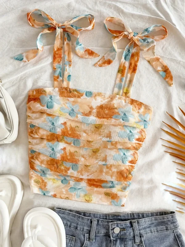 Solid Tie Shoulder Ruched Wide Strap Slim Fit Crop Top for Women Summer 2025 Y2K Clothes Pink Backless Cami Top Streetwear