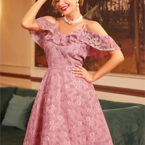 فستان نسائي صيفي أنيق بكشكش من الدانتيل المزهر باللون الواحد، كتف مكشوف، للأجازات، بأكمام كشكش، فساتين سهرة وحفلات