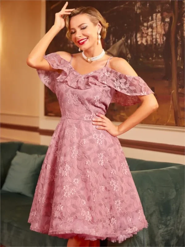 فستان نسائي صيفي أنيق بكشكش من الدانتيل المزهر باللون الواحد، كتف مكشوف، للأجازات، بأكمام كشكش، فساتين سهرة وحفلات