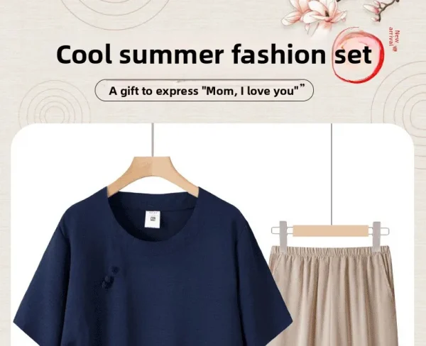 عادية الأزهار طباعة قصيرة الأكمام رقيقة أمي مجموعة الصيف فضفاض تي شيرت الجدة الملابس قطعتين دعوى البوليستر دنة مزيج