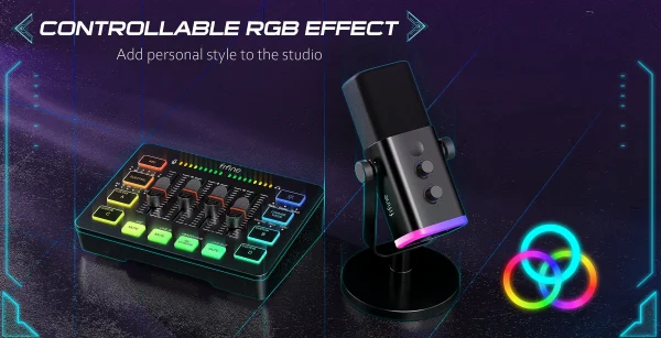 مجموعة بودكاست FIFINE الكل في واحد مع خلاط صوت RGB، مجموعة استوديو بث مع ميكروفون ديناميكي لتسجيل ألعاب الكمبيوتر - Ampligame KS5