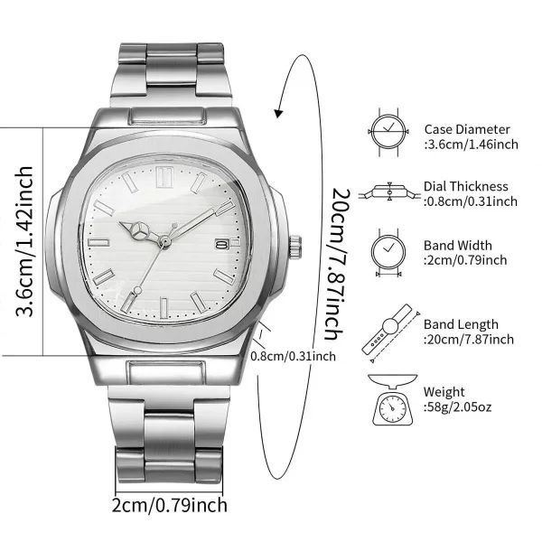 ساعات رجال الأعمال الفاخرة الأزياء مربع الطلب الفولاذ المقاوم للصدأ حزام كوارتز ساعة مع التقويم لساعة رجالي (بدون صندوق)