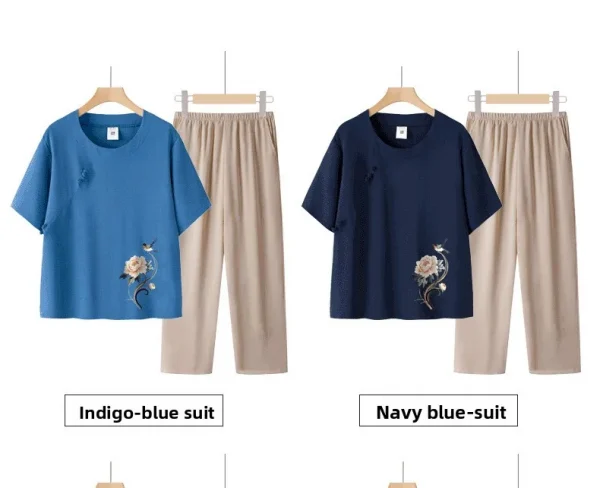 عادية الأزهار طباعة قصيرة الأكمام رقيقة أمي مجموعة الصيف فضفاض تي شيرت الجدة الملابس قطعتين دعوى البوليستر دنة مزيج