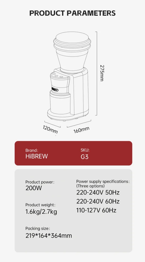 مطحنة قهوة HiBREW مطحنة قهوة كهربائية أوتوماتيكية مع 31 تروسًا لقهوة الإسبريسو الأمريكية صب فوق تخزين الفول البصري G3