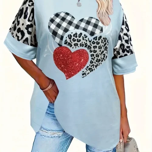 قميص نسائي بحجم كبير بطبعة قلب مربعة، قصير الأكمام، كاجوال، لفصلي الربيع والصيف، ملابس نسائية بحجم كبير