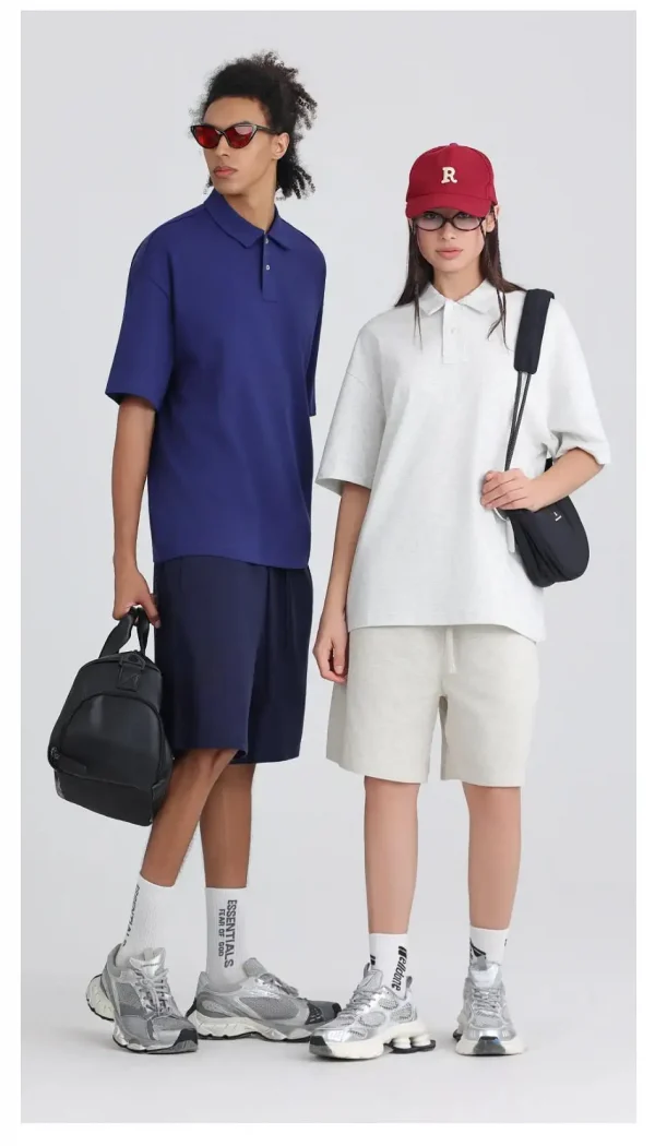 275 جرامًا من القطن الخالص بلون فضفاض قصير الأكمام قميص بولو قم بتخصيص تصميم نص الصورة الخاص بك للنساء والرجال