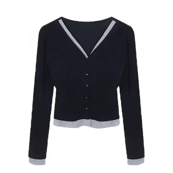 موضة ملابس النساء قميص قطعتين مزيف متناسق بالكامل شتوي جديد بلوزات بأكمام طويلة بتصميم رقع للسيدة العاملة تونيك محبوك