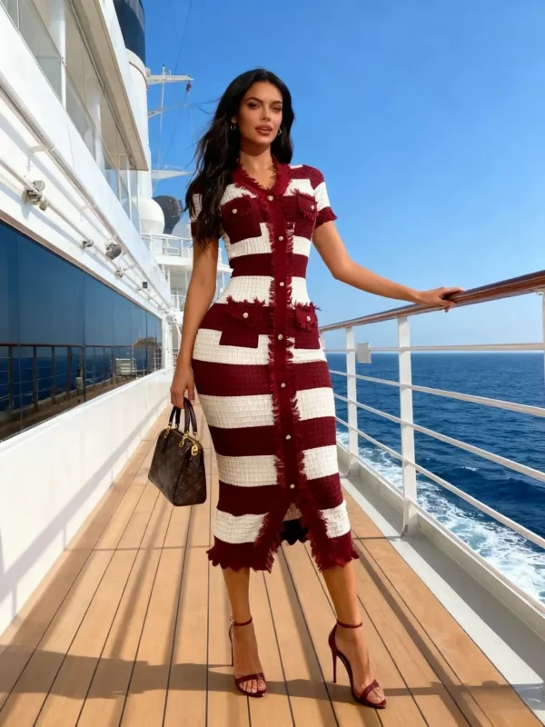 فستان نسائي أنيق مخطط برقبة على شكل حرف V صيفي بأكمام قصيرة ومتماسك بشرابة فساتين ضيقة للنساء