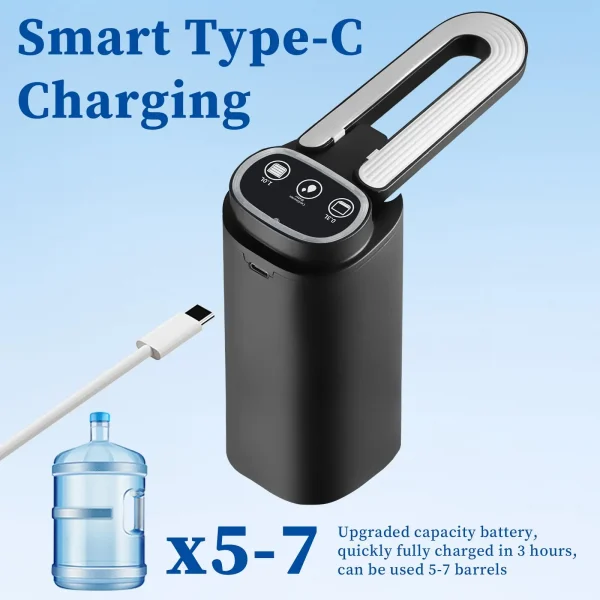 مضخة مياه أوتوماتيكية لزجاجة مياه بسعة 5 جالون، مضخة توزيع مياه كهربائية محمولة للشحن (أسود)