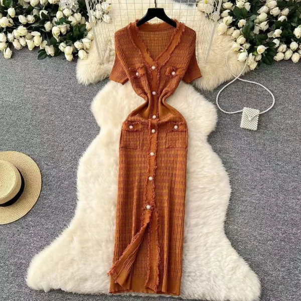 فستان نسائي أنيق مخطط برقبة على شكل حرف V صيفي بأكمام قصيرة ومتماسك بشرابة فساتين ضيقة للنساء