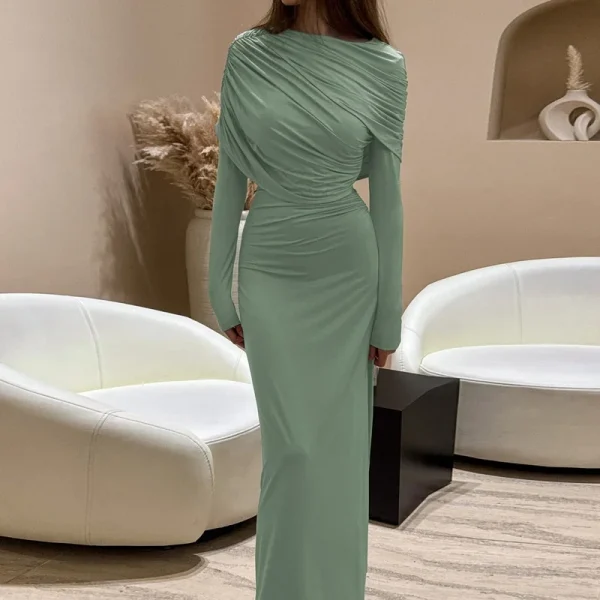 فستان طويل مثير مكشكش بأكمام طويلة للنساء لخريف وشتاء جديد غير منتظم بياقة دائرية وخصر عالٍ فستان حفلات للنوادي للسيدات