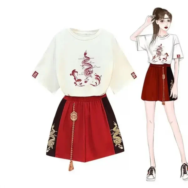 2025 جديد اليابانية Harajuku المحملة القمم النمط الصيني تانغ دعوى المرأة تي شيرت غير رسمي واسعة الساق الكونغ فو فستان أطفال مع سروال داخلي الملابس الشرقية