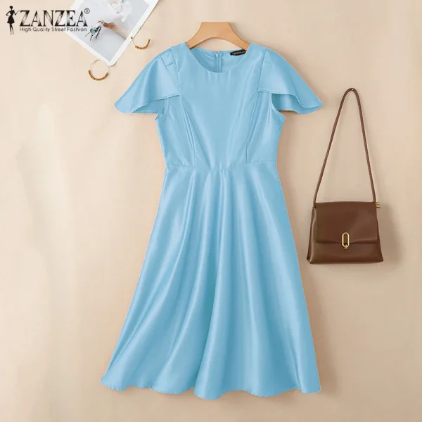 فستان حفلة أنيق من زانزيا 2025 للنساء لصيف العمل، فساتين OL مكتبية، فستان ساتان مكتبي، فستان صيفي قصير الأكمام متوسط الطول، فستان صلب