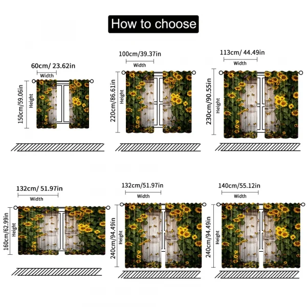 قطعتان، ستائر الربيع والصيف ستائر باب الحظيرة لعباد الشمس ستائر شبه شفافة متينة 100% من نسيج البوليستر متعددة الاستخدامات للون الرمادي،