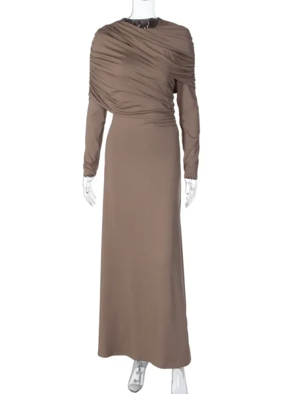 فستان طويل مثير مكشكش بأكمام طويلة للنساء لخريف وشتاء جديد غير منتظم بياقة دائرية وخصر عالٍ فستان حفلات للنوادي للسيدات