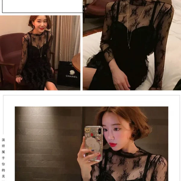 قميص داخلي من الدانتيل برقبة عالية لخريف وشتاء جديد للسيدات، قميص شبكي خشبي راقي وأنيق