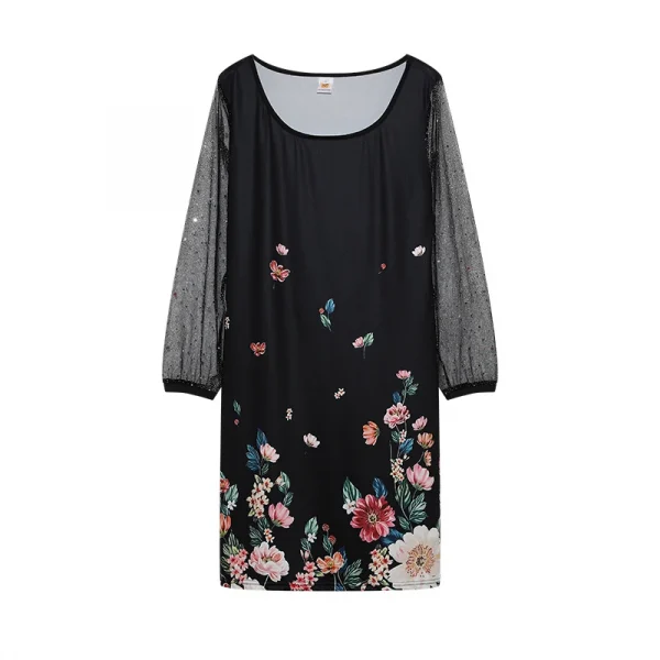 فستان نسائي من الشاش بتصميم ربيعي جديد موديل 2024 برقبة دائرية مزين بالترتر ومنظور