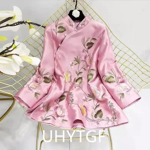 ربيع الخريف العرقية نمط تانغ دعوى معطف الرجعية التطريز زر الصينية أعلى المرأة بلوزة أنيقة فضفاضة الصينية أعلى 3126