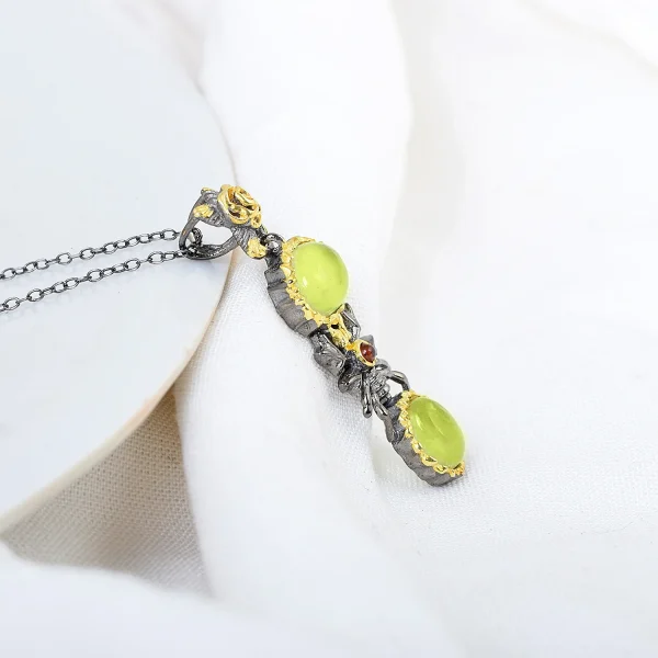 Gold Plated Sterling Silver Spider Charm 18 Inch Chain Necklace Red Garnet Prehnite Gemstone Pendant Classic Dainty Unisex