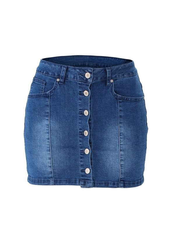 تنورة من الدنيم عالية التمدد بصدر واحد، تنورة ضيقة من الدنيم بجيوب مائلة عالية الخصر مع نمط كلاسيكي مثير، صدرية غنائية