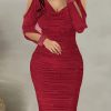Sparkling Rhinestone Embellished Deep Red Bodycon Dress with Puff Sleeves - Stretchy Ruched Waist & Hip-Hugging Silhouette for Women, Spring/Autumn Party & Evening Wear, Glamorous Event Attire, Offshoulder Neckline, Strappy Detail