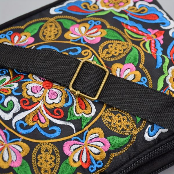 [Casual Accessory] Colorful Floral Embroidered Canvas Crossbody Bag for Women - Lightweight, Adjustable Strap, Triple Compartment with Zip Closure, Holds Umbrella & Water Bottle - Vibrant Purple/Red/Green/Blue/Black, Secure Travel Purse|Colorful Handbag|C