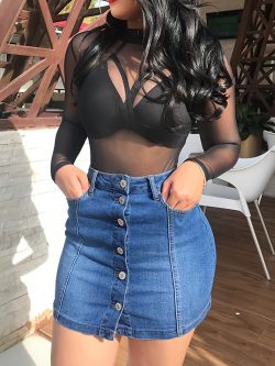 تنورة من الدنيم عالية التمدد بصدر واحد، تنورة ضيقة من الدنيم بجيوب مائلة عالية الخصر مع نمط كلاسيكي مثير، صدرية غنائية