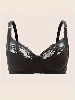 Plus Size Sexy Bra, Women's Plus Comfort Floral Lace Underwire Hook & Eye Soft Bra